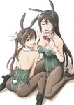  adapted_costume animal_ears ass back black_hair black_legwear blush bow bowtie breasts brown_eyes brown_hair brown_legwear bunny_ears bunny_tail bunnysuit chikuma_(kantai_collection) cleavage detached_collar fake_animal_ears green_leotard hair_ribbon high_heels kantai_collection large_breasts leotard long_hair multiple_girls open_mouth pantyhose remodel_(kantai_collection) ribbon smile tail tone_(kantai_collection) twintails vent_arbre white_ribbon wrist_cuffs 