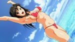  1girl arms_up bikini black_hair blue_sky breasts brown_eyes cloud commentary_request day dutch_angle long_hair looking_at_viewer medium_breasts navel nolia open_mouth original outdoors pink_bikini ribs shallow_water sky smile soaking_feet solo standing swimsuit upper_teeth 