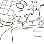  alphys black_and_white buckteeth computer dialogue drooling duo english_text eyes_closed eyewear female figurine glasses machine mettatron monochrome monster mt robot saliva sleeping teeth text undertale 