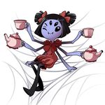  anthro arachnid arthropod black_eyes black_hair clothing cubewatermelon dress eyes_closed fangs female grey_skin hair hair_bow looking_at_viewer monster muffet multi_limb multiple_eyes one_eye_closed sitting smile solo spider spider_web tea_cup tea_pot undertale wink 