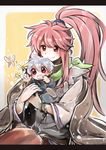  1girl absurdres arche_klein bad_id bad_pixiv_id blue_hair bug butterfly carrying child falken_barklight flower highres insect long_hair mother_and_son pink_hair ponytail purple_eyes red_eyes tales_of_(series) tales_of_phantasia tubakurou wide_ponytail 