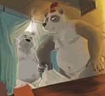  2015 anthro bear belly black_fur black_nose can chubby claws clothed clothing curtains duo english_text erni17 eyebrows fez fur grey_fur half-dressed hat hot_spring inside looking_at_viewer male mammal moobs nipples nude orange_eyes panda penis text thick_eyebrows topless towel undressing water white_fur 