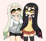  2girls :d alternate_costume alternate_hairstyle aori_(splatoon) bad_id bad_pixiv_id bangs bike_shorts black_hair blouse blunt_bangs breasts casual cleavage domino_mask dress_shirt eyebrows fangs green_hair hair_down hotaru_(splatoon) jacket long_hair long_sleeves mask medium_breasts mole mole_under_eye multiple_girls necktie open_mouth pink_background plaid plaid_skirt pointy_ears school_uniform shirt simple_background skirt smile splatoon_(series) splatoon_1 sweater_vest symbol-shaped_pupils tentacle_hair thick_eyebrows thighhighs yuta_agc zettai_ryouiki 