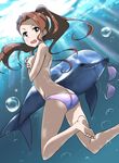  air_bubble ass assisted_exposure barefoot bikini bikini_top_removed blush bow breasts brown_eyes brown_hair bubble clothes_theft covering covering_breasts dolphin embarrassed feet freediving hair_bow hairband idolmaster idolmaster_(classic) light_rays long_hair looking_at_viewer looking_back minase_iori open_mouth ponytail purple_bikini small_breasts solo sunbeam sunlight swimsuit swimsuit_theft theft tokiani topless underwater wavy_mouth 