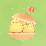  ayu_(mog) bad_id bad_pixiv_id bird black_eyes blush chick flag food green_background hamburger lowres no_humans original star 