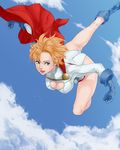  1girl artist_request ass blonde_hair blue_eyes boots breasts butt_crack cape cleavage dc_comics female flying high_heels leotard power_girl short_hair sky smile solo 