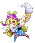  american_flag_dress american_flag_legwear blonde_hair clownpiece fairy_wings food hat highres ice_cream ice_cream_cone jester_cap long_hair one_eye_closed pantyhose red_eyes shinapuu smile soft_serve solo star striped striped_legwear tongue tongue_out touhou very_long_hair wings 