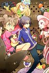  4girls black_hair blonde_hair blue_eyes brown_hair calme_(pokemon) chespin commentary_request delcatty denim denim_shorts dress elbow_gloves fennekin froakie gen_3_pokemon gen_4_pokemon gen_6_pokemon gloves hat hirako holding holding_poke_ball jacket jeans lajournee_(pokemon) long_hair lucario mega_lucario meowstic multiple_boys multiple_girls pants pink_eyes pink_hair poke_ball pokemon pokemon_(creature) pokemon_(game) pokemon_xy sana_(pokemon) serena_(pokemon) shorts swalot top_hat toroba_(pokemon) 