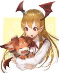 &gt;_&lt; :d bat_wings blonde_hair bright_pupils closed_eyes collared_shirt dragon fang flower frilled_shirt_collar frills granblue_fantasy head_wings kojijima kugimiya_rie long_hair long_sleeves open_mouth pointy_ears red_eyes red_flower red_rose rose seiyuu_connection shingeki_no_bahamut shirt simple_background smile solo star upper_body vampire vampy vee_(granblue_fantasy) white_background white_shirt wings 