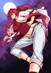  full_moon highres jacket katana midriff moon navel ponytail red_eyes red_hair shiokonbu solo sword under_night_in-birth weapon yuzuriha_(under_night_in-birth) 