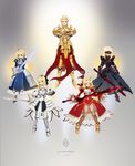  4girls aestus_estus armor artoria_pendragon_(all) blonde_hair caliburn dark_excalibur excalibur fate/extra fate/stay_night fate/unlimited_codes fate_(series) gate_of_babylon gilgamesh hair_slicked_back highres jane_mere multiple_girls multiple_persona nero_claudius_(fate) nero_claudius_(fate)_(all) saber saber_alter saber_lily 