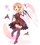  animal_ears armpit_peek ayagi_daifuku bird bird_wings brown_dress brown_legwear dress feathers full_body long_sleeves mystia_lorelei no_hat no_headwear open_mouth pointing pointing_at_viewer red_eyes red_hair see-through short_hair smile solo sparrow standing standing_on_one_leg star thighhighs touhou wings zettai_ryouiki 