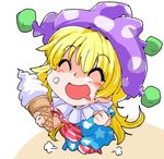  american_flag_dress american_flag_legwear blonde_hair closed_eyes clownpiece food hat ice_cream ice_cream_cone jester_cap long_hair open_mouth pantyhose shinapuu smile soft_serve solo star striped touhou very_long_hair 
