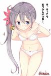  3: absurdres akebono_(kantai_collection) bare_shoulders bell bow bow_bra bow_panties bra closed_mouth flower hair_bell hair_flower hair_ornament highres jingle_bell kantai_collection kengorou_saemon_ii_sei long_hair navel panties ponytail print_bra print_panties purple_hair side_ponytail simple_background solo star star_print strap_slip translated twitter_username underwear underwear_only v-shaped_eyebrows wavy_mouth white_background white_bra white_panties 