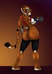  anthro astraldog breasts butt clothing dreamworks feline female kung_fu_panda licking looking_at_viewer mammal master_tigress pants solo standing stripes sweatband tiger tongue tongue_out weights 