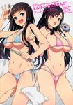  :d bangs bikini black_hair blue_bikini blue_eyes blunt_bangs breasts cleavage copyright_request hair_ornament hamashima_shigeo large_breasts multiple_girls navel open_mouth pencil pink_bikini pink_eyes side-tie_bikini sidelocks smile standing standing_on_one_leg strap_gap string_bikini stylus swept_bangs swimsuit 