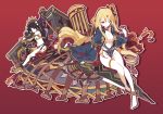  2girls ;) anklet bare_shoulders barefoot black_gloves black_hair blonde_hair breasts cage cape cleavage crown earrings elbow_gloves ereshkigal_(fate/grand_order) fate/grand_order fate_(series) gloves ideolo ishtar_(fate/grand_order) jewelry long_hair looking_at_viewer midriff multiple_girls navel one_eye_closed red_background red_eyes simple_background sitting smile two_side_up very_long_hair 