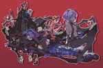  2boys 2girls armor assassin_(fate/zero) bare_shoulders black_gloves breasts dark_skin fate/grand_order fate/prototype fate/prototype:_fragments_of_blue_and_silver fate/zero fate_(series) fingerless_gloves gloves hairband hassan_of_serenity_(fate) horns ideolo king_hassan_(fate/grand_order) long_hair mask multiple_boys multiple_girls ponytail red_background revealing_clothes short_hair simple_background sitting smile true_assassin 