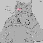  belly bristles clothing dragon dragonstache english_text facial_hair father glowing glowing_eyes goatee horn male muscular parent red_eyes scalie shirt simple_background solo tagging_guidelines_illustrated text 