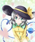  blush bow green_eyes hat hat_bow heart heart-shaped_pupils heart_of_string komeiji_koishi reimei_(r758120518) solo symbol-shaped_pupils third_eye touhou white_hair 