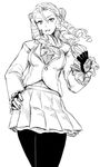  antenna_hair black_gloves black_legwear bow cravat drill_hair fingerless_gloves frilled_sleeves frills gloves greyscale hair_bow hand_on_hip kanzuki_karin long_hair long_sleeves monochrome ogros open_mouth pantyhose pleated_skirt ringlets simple_background skirt solo street_fighter street_fighter_v white_background 