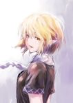  amamitsu_kousuke blonde_hair gradient gradient_background green_eyes looking_at_viewer looking_back mizuhashi_parsee open_mouth pointy_ears scarf shirt short_hair short_sleeves solo touhou upper_body 