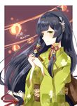  1girl ahoge artist_name black_hair character_name cowboy_shot floral_print green_eyes hair_ribbon hair_tubes highres japanese_clothes jewelry kantai_collection kimono long_hair long_sleeves looking_at_viewer mizuho_(kantai_collection) obo ribbon ring sidelocks smile solo tassel twitter_username wide_sleeves yukata zarathurtra 