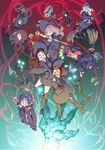  absurdres amanda_o'neill boots broom broom_riding candy claws constanze_amalie_von_braunschbank-albrechtsberger diana_cavendish dress falling food hat highres hug jasminka_antonenko kagari_atsuko knee_boots little_witch_academia little_witch_academia:the_enchanted_parade lotte_jansson multiple_girls official_art open_mouth pale_skin red_sky shiny_rod skirt skirt_lift sky stanbot_(little_witch_academia) sucy_manbavaran uniform ursula_charistes wand witch witch_hat yoshinari_you 