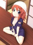  breasts brown_hair crossed_legs downblouse from_above head_scarf highres japanese_clothes koshigaya_natsumi long_hair looking_at_viewer non_non_biyori open_clothes open_shirt purple_hair shirt sitting small_breasts smile solo takeda_yukimura 