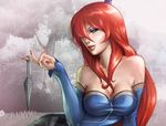  breasts clothed clothing female hair human katarina long_hair lying makeup mammal nail_polish not_furry red_hair solo unknown_artist video_games weapon 