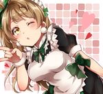 \n/ bad_id bad_pixiv_id blush bow brown_hair dress earrings hair_bow heart highres jewelry kuromiwa-38 long_hair love_live! love_live!_school_idol_project maid_headdress minami_kotori mogyutto_&quot;love&quot;_de_sekkin_chuu! one_eye_closed one_side_up smile solo upper_body yellow_eyes 