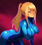  bent_over blonde_hair blue_eyes blush bodysuit breast_hold breasts large_breasts long_hair looking_at_viewer metroid parted_lips ponytail samus_aran shanabi sidelocks skin_tight solo zero_suit 