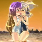  blush brown_hair closed_eyes french_kiss from_side hijiri_byakuren holding_hands kiss multicolored_hair multiple_girls old_school_swimsuit one-piece_swimsuit school_swimsuit shiny shiny_clothes swimsuit touhou toyosatomimi_no_miko wading water wet wet_clothes white_school_swimsuit white_swimsuit winn yuri 