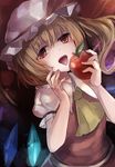  apple ascot blonde_hair crystal fangs flandre_scarlet food fruit hat hat_ribbon janne_cherry looking_at_viewer mob_cap puffy_sleeves red_eyes ribbon shirt short_hair short_sleeves side_ponytail skirt solo tongue tongue_out touhou upper_body vest wings 