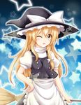  blonde_hair blush bow broom hand_on_hip hat hat_bow kirisame_marisa one_eye_closed open_mouth reimei_(r758120518) solo star touhou white_bow witch_hat yellow_eyes 