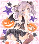  ass backless_outfit blush border breasts colored_pencil_(medium) crop_top demon_wings doily frilled_legwear gradient gradient_background hair_ribbon halloween horns jack-o'-lantern lavender_hair looking_at_viewer looking_back marker_(medium) medium_breasts original over-kneehighs panties potto purple_eyes ribbon sample sideboob silk sitting skirt smile solo spider_web star striped striped_panties thighhighs traditional_media two_side_up underwear wariza wings 