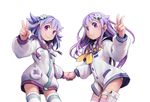  blue_eyes blush d-pad d-pad_hair_ornament hair_ornament highres holding_hands holster hood hoodie long_hair looking_at_viewer md5_mismatch multiple_girls nepgear neptune_(choujigen_game_neptune) neptune_(series) purple_eyes purple_hair segamark smile striped striped_legwear thigh_holster thighhighs v 