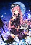  baiguiyu bat belt blood blood_from_mouth blood_on_breasts breasts cleavage full_moon hat long_hair looking_at_viewer medium_breasts megurine_luka moon peaked_cap pink_hair purple_legwear red_eyes smile solo thighhighs very_long_hair vocaloid 