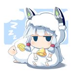  animal bangs bell blunt_bangs chibi cloud gasuto_(kamikami) hair_ornament hair_ribbon hat headgear horns kantai_collection long_hair looking_at_viewer murakumo_(kantai_collection) ribbon sheep sheep_girl sheep_horns short_eyebrows silver_hair sitting sleeping wool zzz 