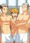  3boys abs aone_takanobu bokuto_koutarou bulge haikyuu!! hinata_shouyou male_focus multiple_boys nipples pecs sanpaku shower tagme towel 