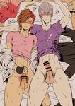  2boys bar_censor bottomless censored cum cum_on_clothes ishida_mitsunari_(sengoku_basara) lying male_focus masturbation multiple_boys on_back penis pubic_hair sengoku_basara shima_sakon_(sengoku_basara) steam sweat tissue yaoi 