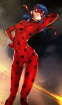  blue_eyes blue_hair bodysuit breasts hand_on_hip highres ladybug_(character) long_hair marinette_dupain-cheng mask medium_breasts miraculous_ladybug polka_dot pose skin_tight solo superhero twintails yang-do 