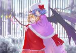  alternate_headwear bat_wings blonde_hair blue_hair capelet catofrage closed_eyes crystal dress flandre_scarlet hat hat_ribbon hug looking_at_viewer multiple_girls open_mouth red_eyes remilia_scarlet ribbon short_hair siblings side_ponytail sisters smile snow snowing touhou wings winter_clothes 