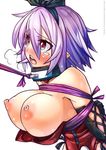  arms_behind_back bdsm blush bondage bound breasts collar highres huge_breasts leash nipples ooyama_kina open_mouth phantasy_star phantasy_star_online_2 purple_hair red_eyes ribbon ribbon_bondage short_hair solo tears 