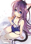  animal_ears bad_id bad_twitter_id blue_eyes blush breasts byulzzimon cat_ears cat_tail cleavage covered_navel knees_together_feet_apart long_hair looking_at_viewer medium_breasts one-piece_swimsuit original parted_lips purple_hair school_swimsuit scissors sitting solo swimsuit tail thighhighs torn_clothes torn_swimsuit 