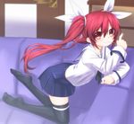  blush candy commentary_request couch date_a_live food hair_ribbon itsuka_kotori lollipop long_hair looking_at_viewer mizunashi_(second_run) necktie red_eyes red_hair ribbon school_uniform smile solo thighhighs twintails 