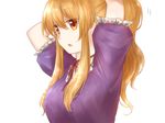  blonde_hair breasts choker dress hair_up hands_in_hair koto_(shiberia39) looking_to_the_side medium_breasts open_mouth orange_eyes puffy_short_sleeves puffy_sleeves purple_dress ribbon_choker short_sleeves simple_background solo touhou upper_body white_background yakumo_yukari 