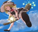  aiming_at_viewer apron black_dress blonde_hair bloomers blue_sky blurry bow braid broom broom_riding buttons cloud collared_shirt day dress flying foreshortening frilled_dress frills full_body grin hair_bow hair_ornament hat kirisame_marisa kitano_(kitanosnowwhite) loafers long_hair looking_at_viewer mini-hakkero puffy_sleeves red_bow shirt shoes short_sleeves side_braid signature single_braid skirt skirt_set sky smile socks solo spread_legs star touhou underwear vest waist_apron white_legwear white_shirt wing_collar witch_hat yellow_eyes 