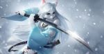  2018 anthro breasts canine clothed clothing female fighting_stance fur hair holding_object holding_weapon jewelry long_hair mammal melee_weapon necklace outside purple_eyes snow solo standing sword vertry weapon white_fur white_hair 