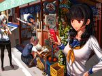  air_conditioner bamboo_screen bangs beer_crate bench black_hair black_legwear black_skirt blue_eyes blue_hair blunt_bangs building cat cellphone day double_bun eating elbow_gloves food freezer gloves hair_ornament hair_over_one_eye hair_ribbon hairclip hamakaze_(kantai_collection) hand_on_hip hat highres holding holding_phone iphone isokaze_(kantai_collection) kantai_collection kooribata long_hair miniskirt multiple_girls neckerchief newspaper open_mouth outdoors outstretched_arm pantyhose pavement petting phone pink_hair plant pleated_skirt ponytail popsicle poster_(object) potted_plant red_eyes ribbon school_uniform serafuku shiranui_(kantai_collection) shirt shop short_hair sidelocks sign silver_hair skirt smartphone socks squatting ssamjang_(misosan) standing storefront tomato translated tress_ribbon urakaze_(kantai_collection) white_hat white_legwear white_shirt 